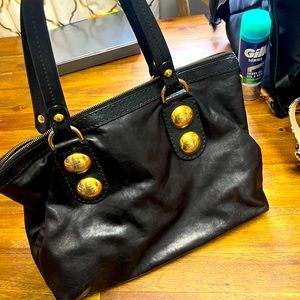 Beautiful sleek black leather Gucci Babbushka shoulder bag with Gold accents